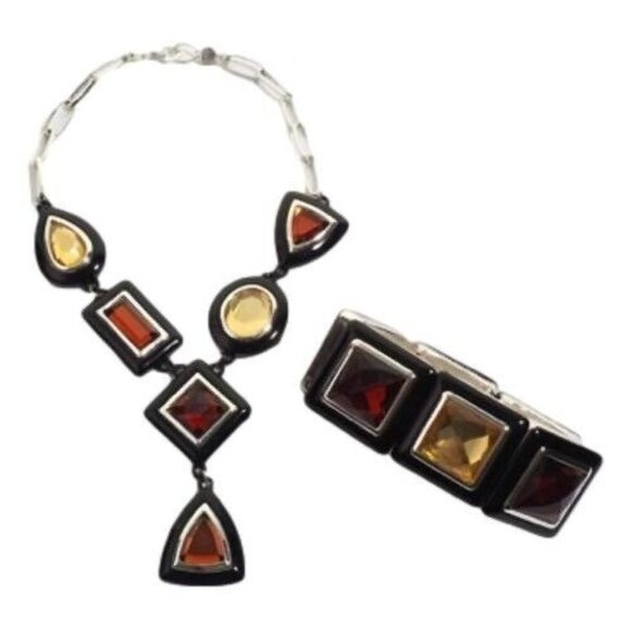 Unique Geometric Necklace & Bracelet Set With Amber & Citrine Lookalikes Fashion - Picture 1 of 11